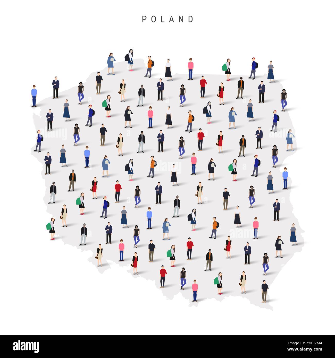 Mappa della popolazione della Polonia. Un grande gruppo di persone a forma di mappa polacca. Illustrazione vettoriale piatta isolata su bianco Illustrazione Vettoriale