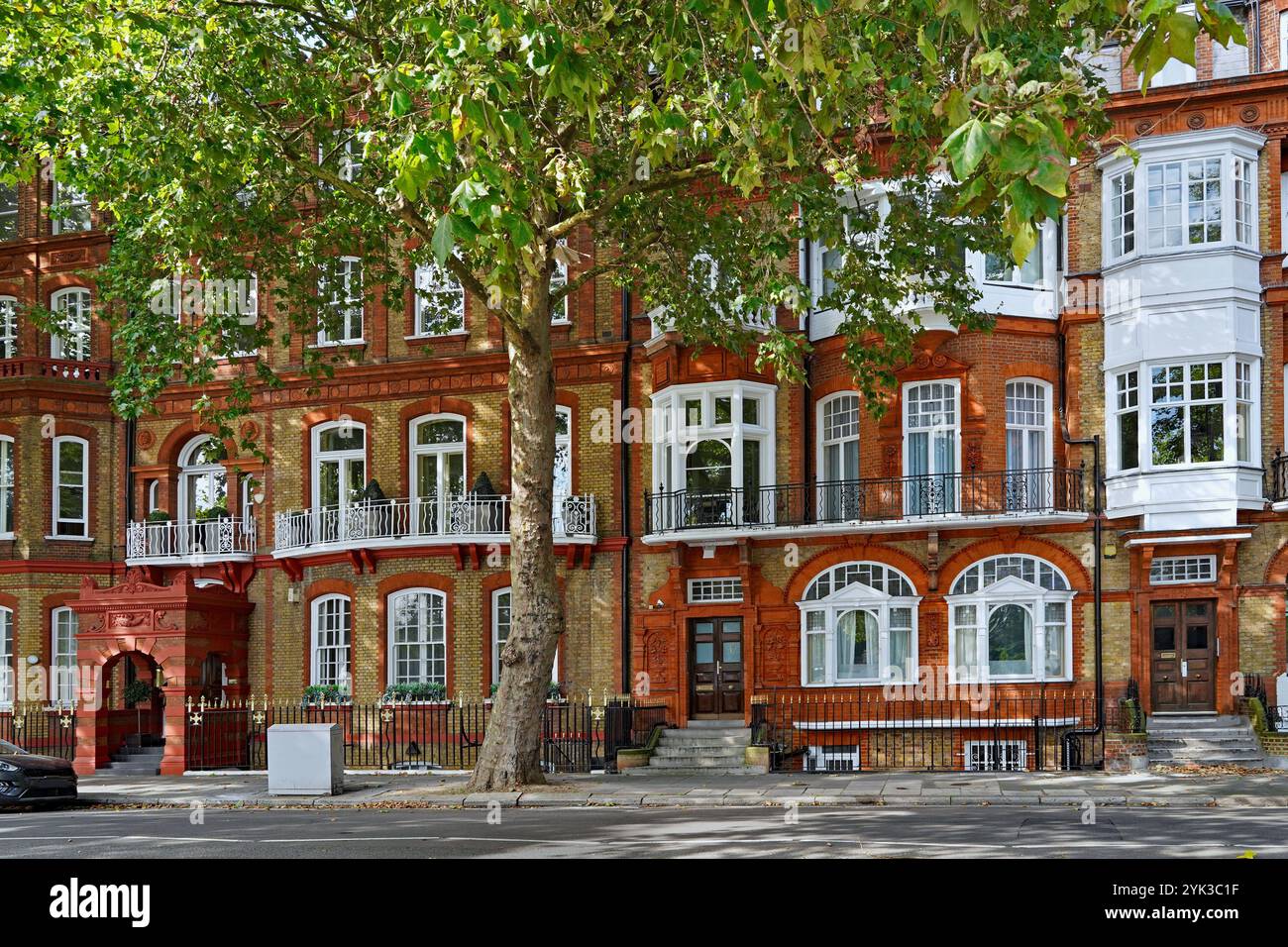 Vecchi edifici di appartamenti ornati nel quartiere Chelsea di Londra Foto Stock
