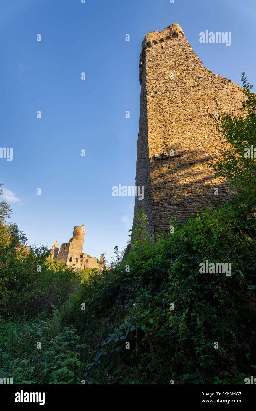 Vista di Philippsburg e Löwenburg, Monreal, distretto di Mayen-Coblenza, Renania-Palatinato, Germania Foto Stock