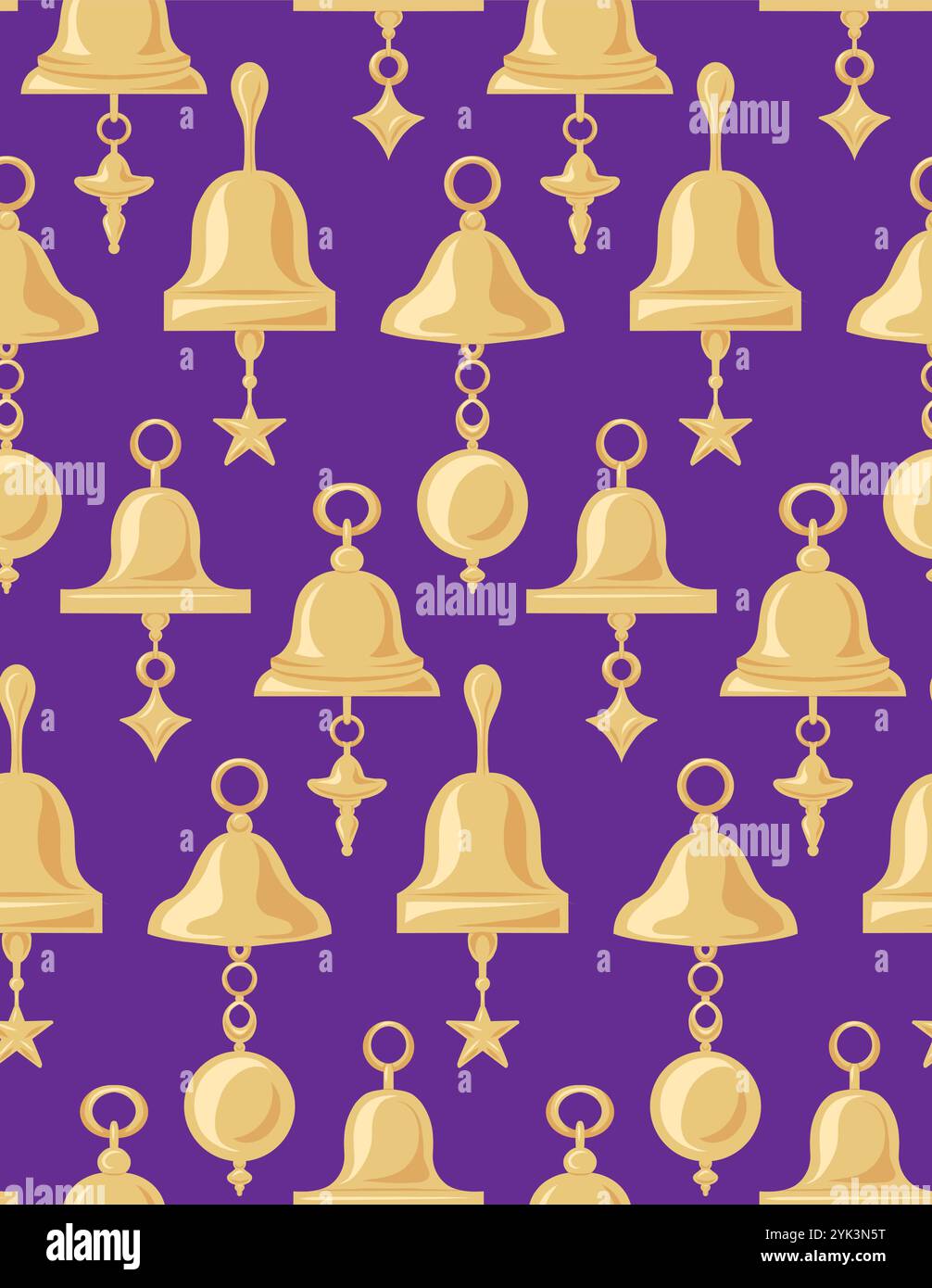 Motivo vettoriale senza cuciture con campane natalizie su sfondo viola in stile piatto. Carta da parati per le vacanze con decorazioni geometriche natalizie. Carta da imballaggio Illustrazione Vettoriale
