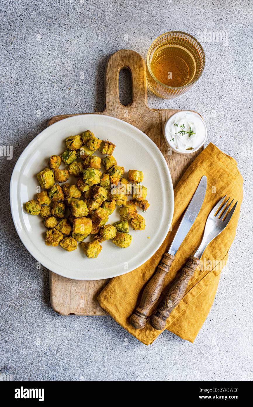 Okra fritto in profondità con salsa di panna acida Foto Stock