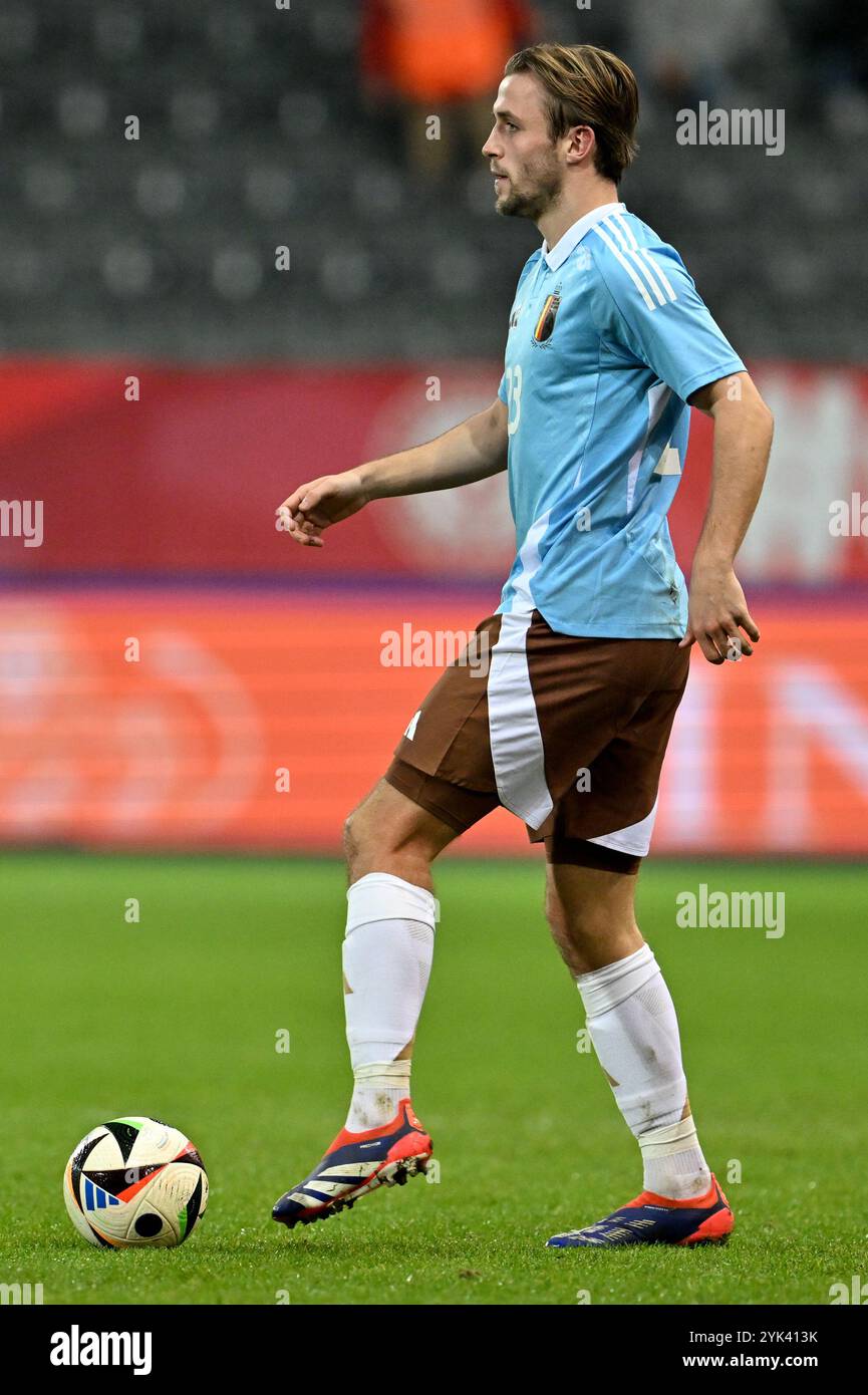 Lovanio, Belgio. 15 novembre 2024. Tuur Rommens (23) del Belgio nella foto di una partita di calcio tra le squadre nazionali Under 21 del Belgio e della repubblica Ceca nella prima tappa dei play-off nelle qualificazioni del Campionato EUFA Under 21, venerdì 15 novembre 2024 a Lovanio, Belgio. (Foto di David Catry/Sportpix) credito: Sportpix/Alamy Live News Foto Stock