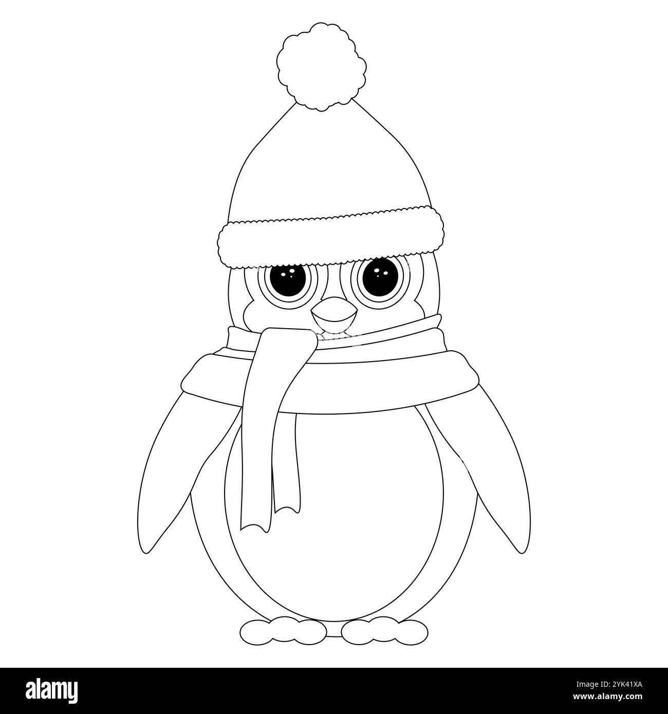 Adorabile pinguino che indossa un cappello invernale e una sciarpa. Pagina da colorare perfetta per Natale o Capodanno per bambini e adulti. Illustrazione Vettoriale