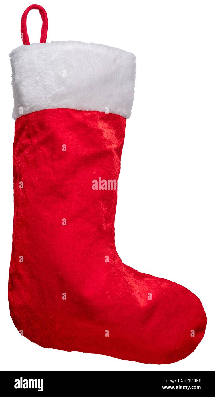 Calza di Natale per piccoli regali nel giorno di San Nicola isolata su sfondo bianco. Simbolo di Natale o Capodanno e felicità. Ritaglio Foto Stock