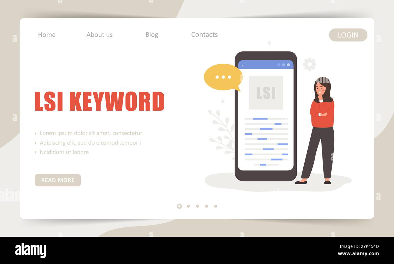 Parola chiave LSI. Modello di landing page. Indicizzazione semantica latente. Marketing sui motori di ricerca. Illustrazione vettoriale in stile cartone animato piatto. Analisi Web Illustrazione Vettoriale