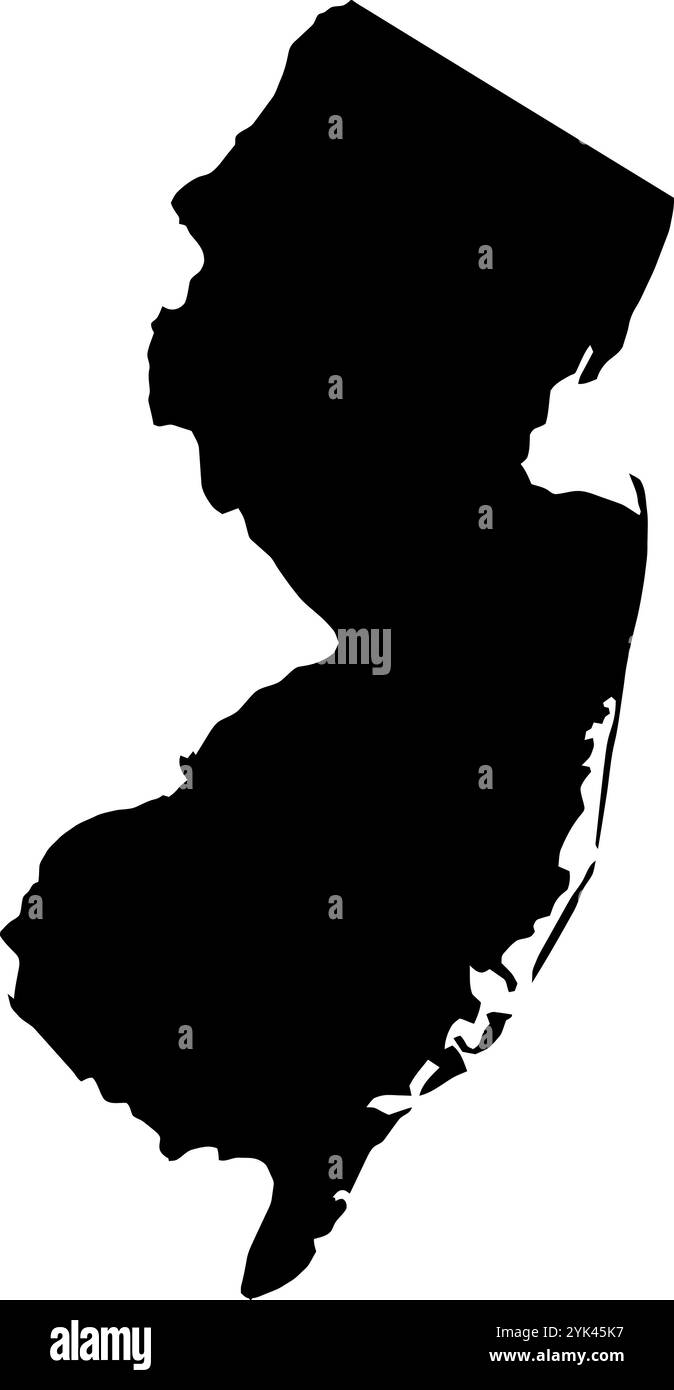Mappa dei contorni dello stato del New Jersey, USA. Illustrazione grafica vettoriale su uno sfondo trasparente con bordi di area neri Illustrazione Vettoriale