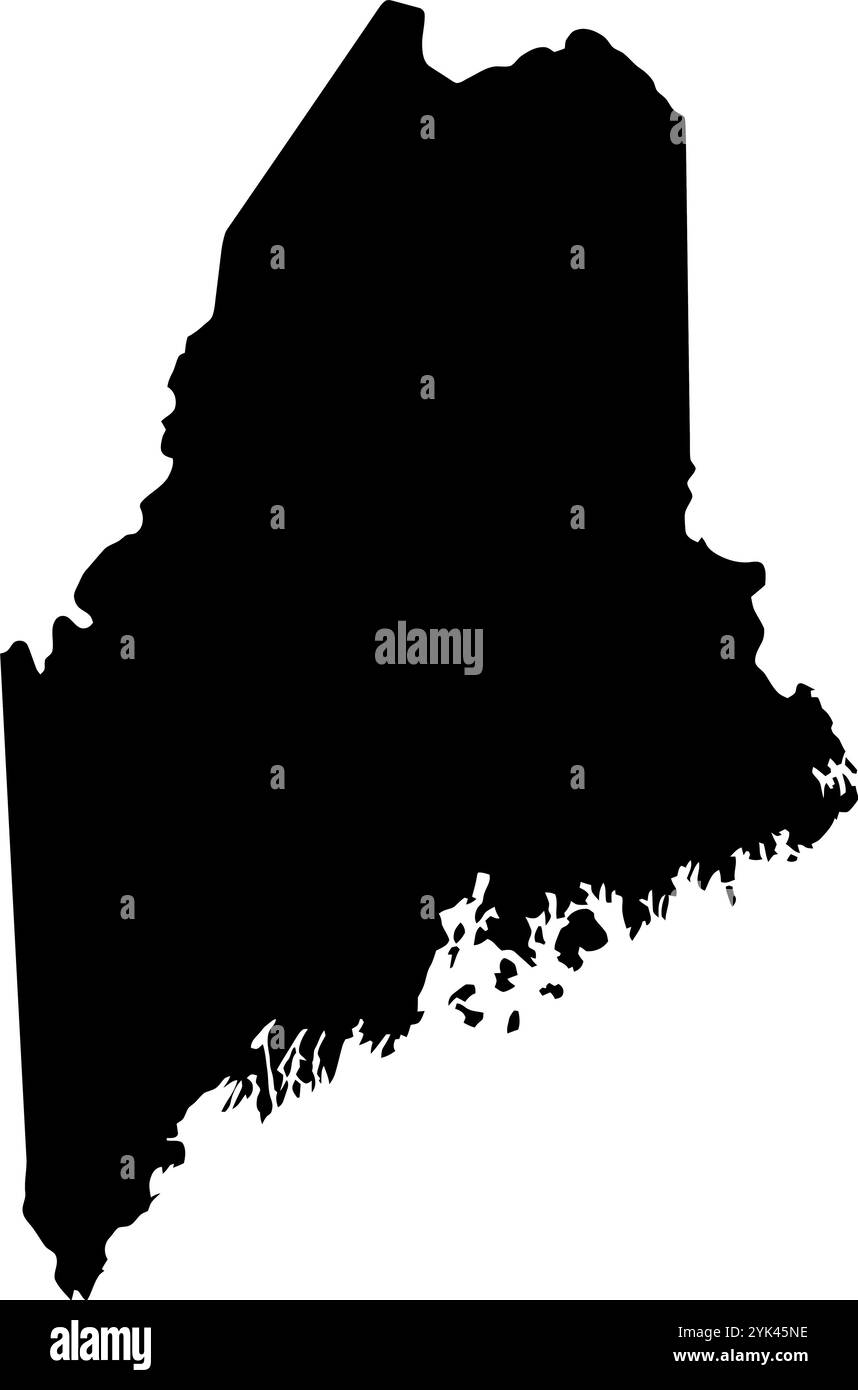 Mappa dei contorni dello stato del Maine, Stati Uniti. Illustrazione grafica vettoriale su uno sfondo trasparente con bordi di area neri Illustrazione Vettoriale