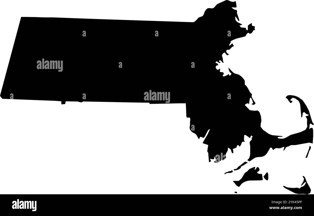 Mappa di contorno dello stato del Massachusetts, Stati Uniti. Illustrazione grafica vettoriale su uno sfondo trasparente con bordi di area neri Illustrazione Vettoriale