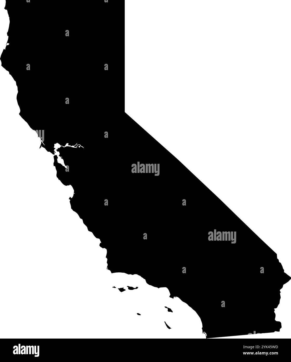 Mappa di contorno dello stato della California, Stati Uniti. Illustrazione grafica vettoriale su uno sfondo trasparente con bordi di area neri Illustrazione Vettoriale