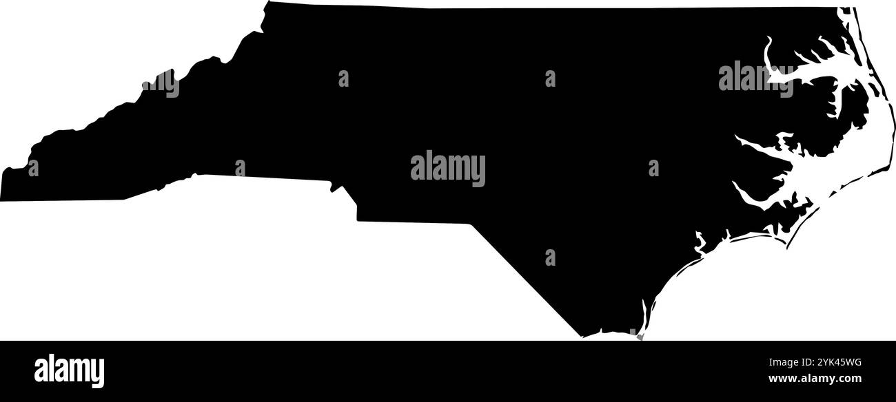 Mappa dei contorni dello stato della Carolina del Nord, Stati Uniti. Illustrazione grafica vettoriale su uno sfondo trasparente con bordi di area neri Illustrazione Vettoriale