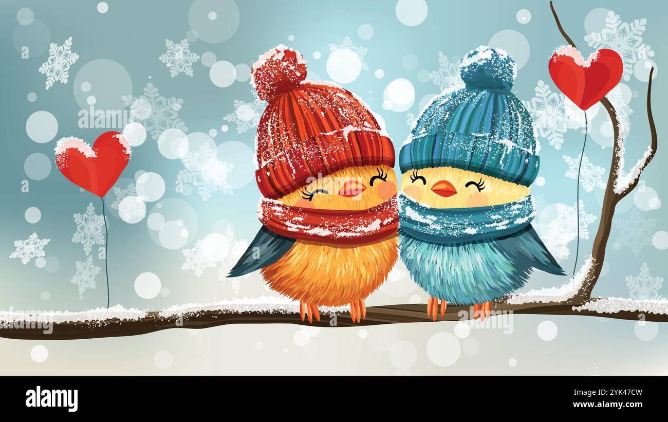 Romantica coppia di uccelli carini in amore seduti su un ramo d'albero Illustrazione Vettoriale