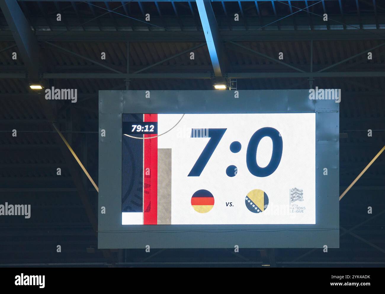 Friburgo, Germania. 16 novembre 2024. Tabellone, schermo, tabellone, digitale, LED, display, monitor, risultato finale, anzeigetafel, Endergebnis, Ergebnis, Anzeige, nella partita di UEFA Nations League 2024 GERMANIA - BOSNIA ERZEGOVINA 7-0 nella stagione 2024/2025 al 16 novembre 2024 a Friburgo, Germania. Fotografo: ddp Images/STAR-Images credito: ddp media GmbH/Alamy Live News Foto Stock