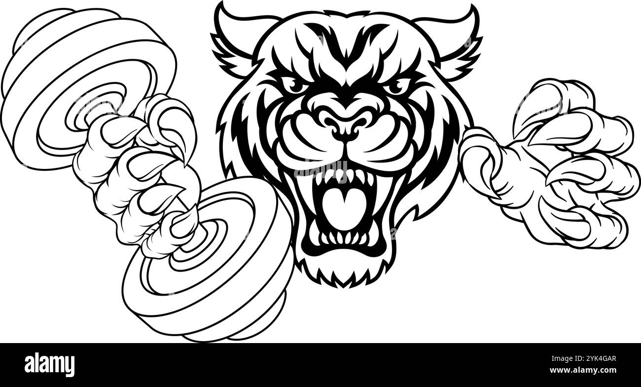 Tiger Weight Lifting Dumbbell Gym Animal Mascot Illustrazione Vettoriale