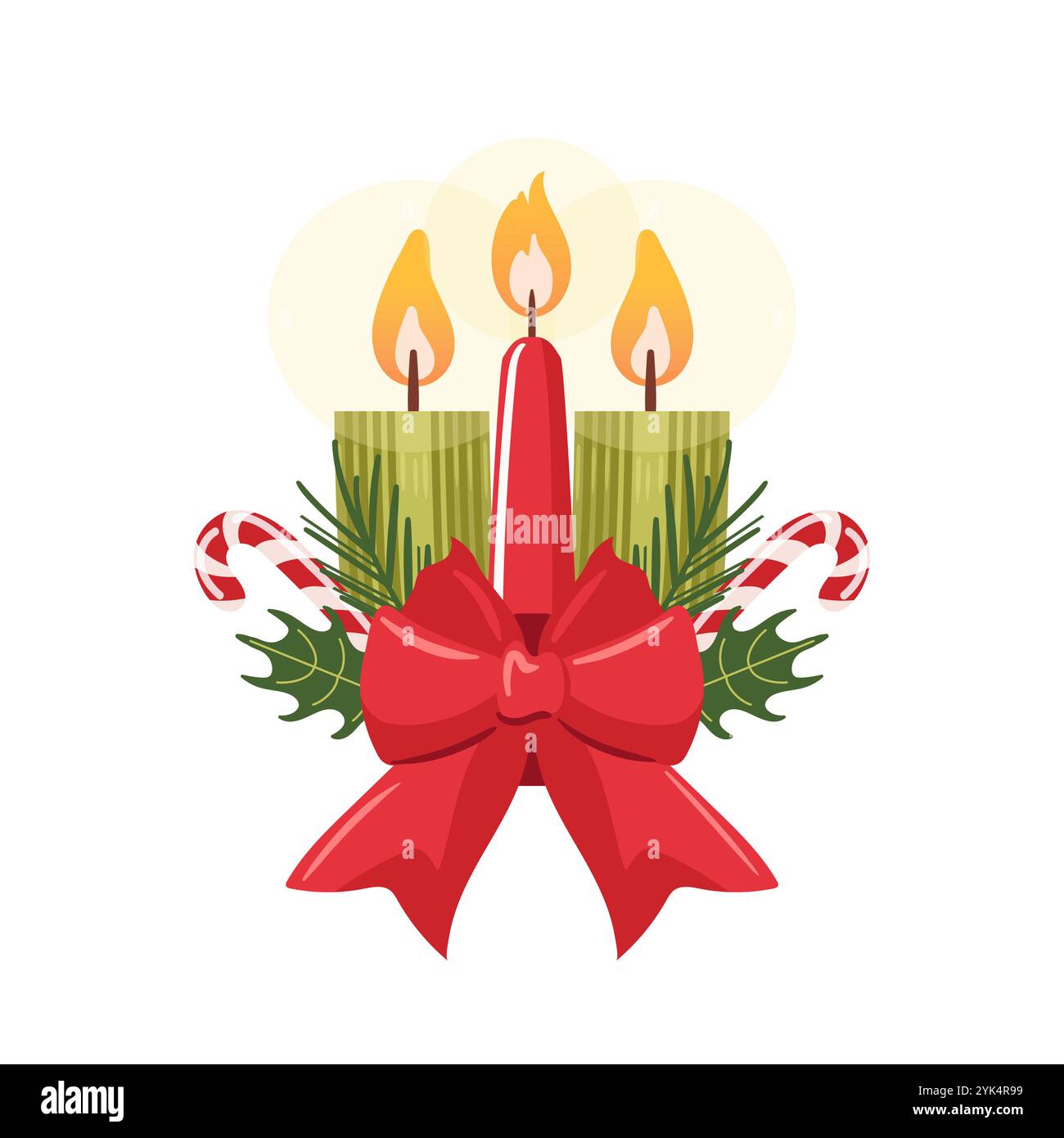 Collezione di candele natalizie profumate di soia, decorate con rami di abete, canne di caramelle, holly. arredi e comfort festivi, per il relax e. Illustrazione Vettoriale