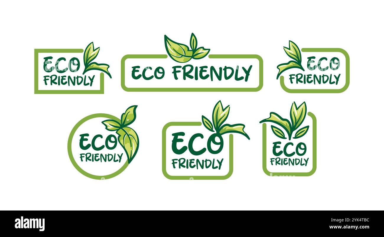 Set di adesivi ecologici. Illustrazione vettoriale nello stile di schizzo. Foglie verdi di piante. Cibo ecologico locale. Etichette di prodotti naturali biologici. Illustrazione Vettoriale