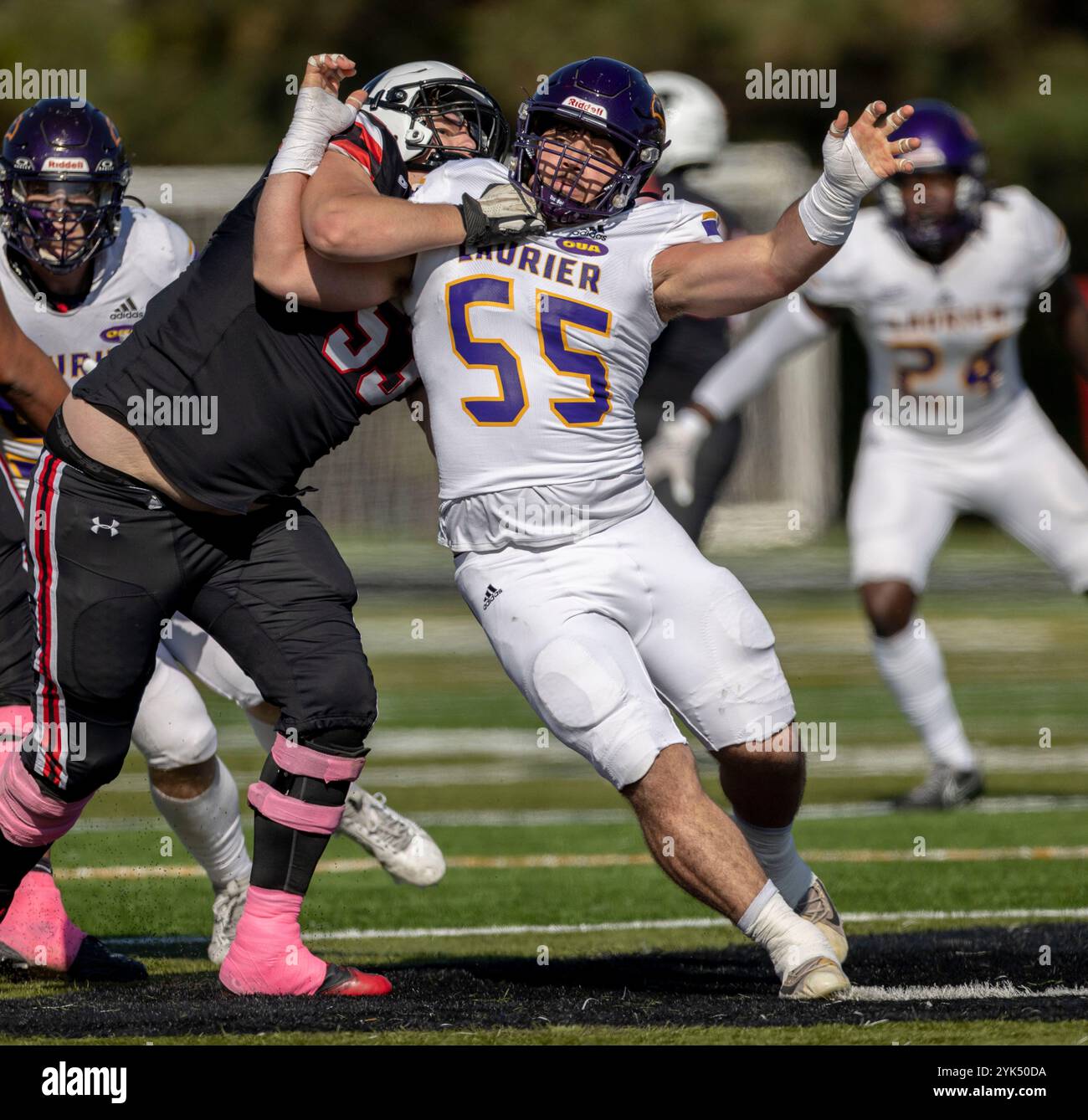 (Ottawa, Canada---19 ottobre 2024) Matteo Laquintana dei Golden Hawks della Laurier University. OUA regular season football — Laurier Golden Hawks 44 Car Foto Stock