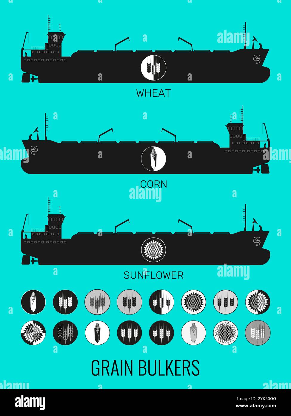 Set di icone di portarinfuse per il trasporto di cereali alla rinfusa e icone di cereali, mais, girasole. Costruttore per la progettazione. Illustrazione Illustrazione Vettoriale