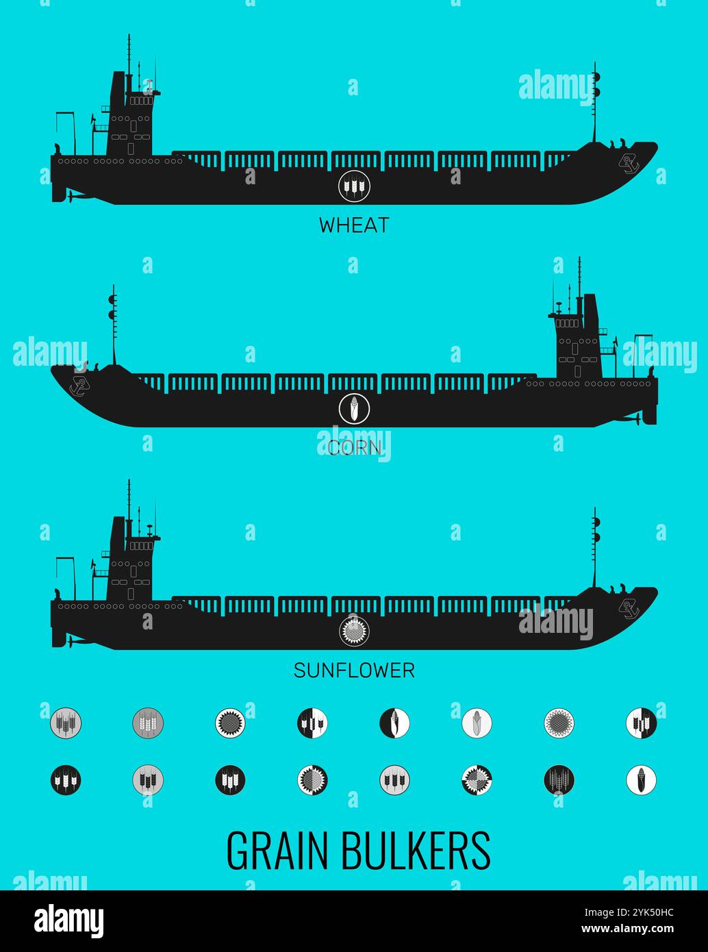 Set di icone di portarinfuse per il trasporto di cereali alla rinfusa e icone di cereali, mais, girasole. Costruttore per la progettazione. Illustrazione Illustrazione Vettoriale