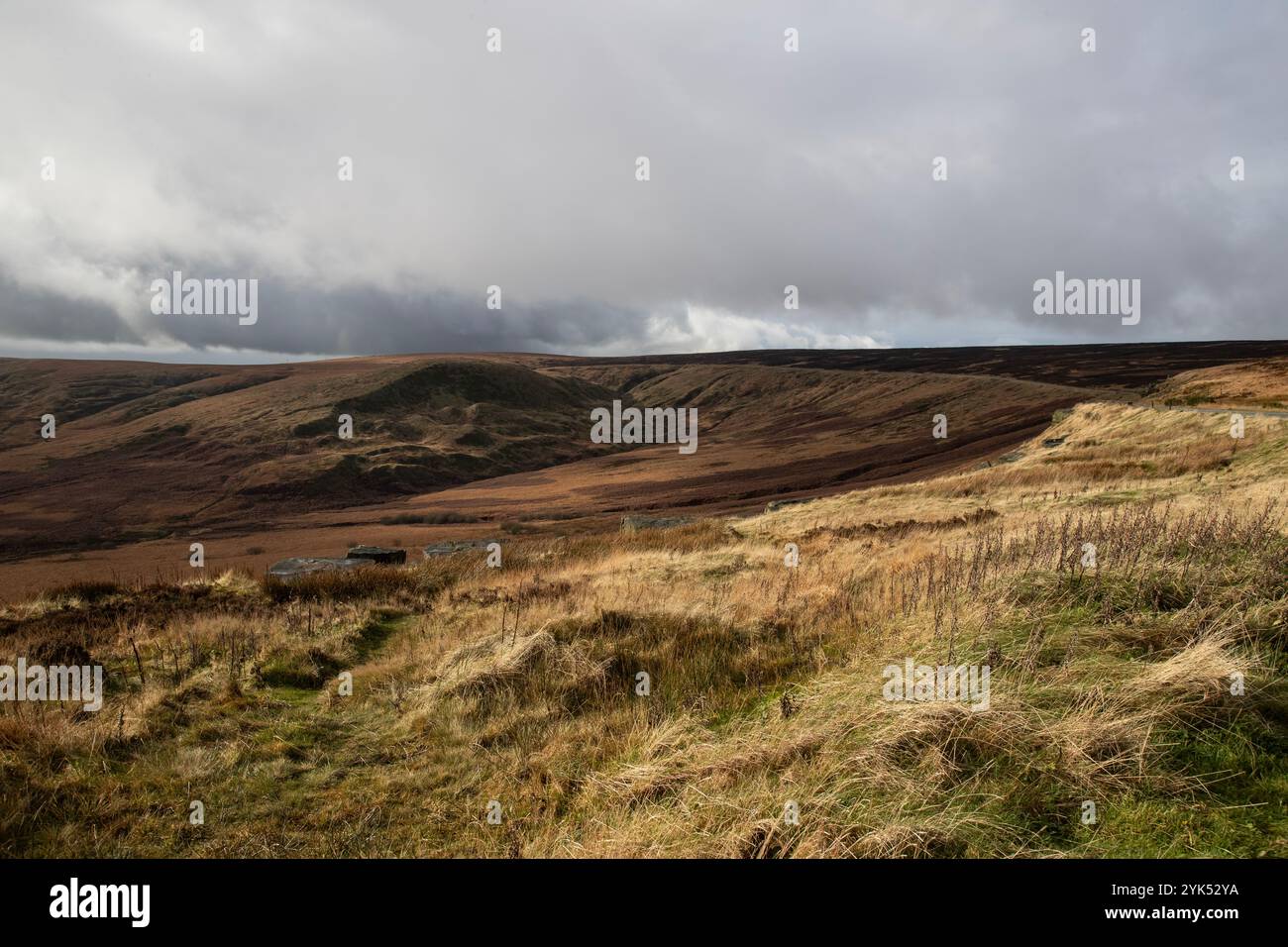 Il basso sole invernale scorre attraverso le desolate alture di Marsden Moor nel West Yorkshire con basse nuvole che fiancheggiano le colline Foto Stock
