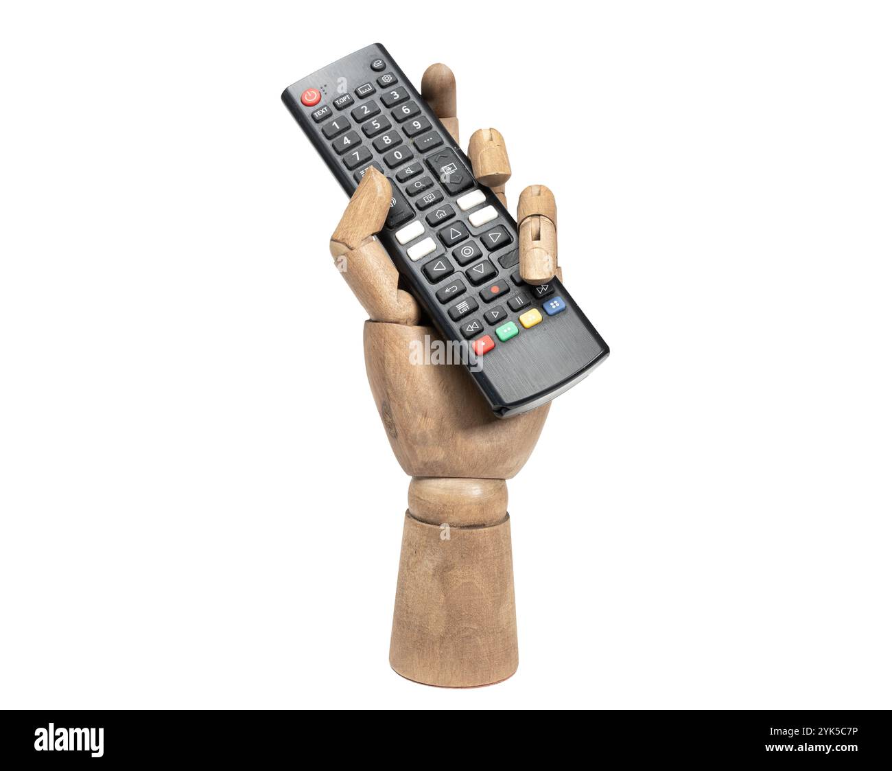 un telecomando nella mano di legno su sfondo bianco Foto Stock