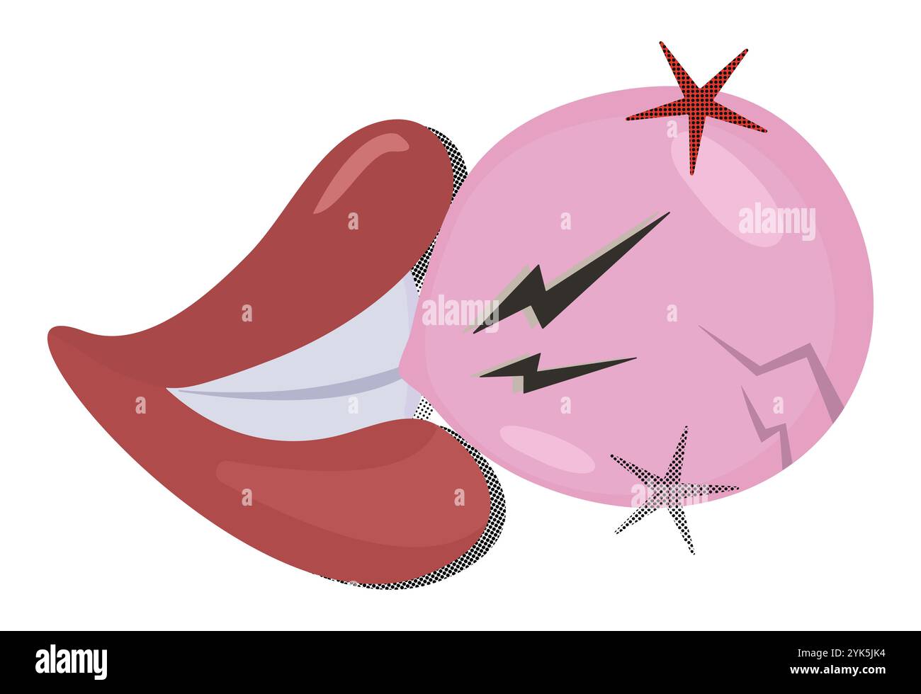Labbra donna e gomma da bolla, simboleggia le parole vuote, la pittura retrò pop a colori e mezzitoni, i cartelli alla moda y2k, l'adesivo retrò trippy con effetto giornale, Illustrazione Vettoriale