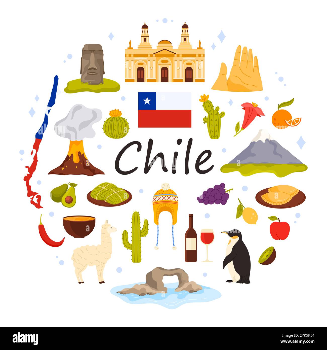 Viaggia in Cile, cultura e luoghi di interesse, cibo in un banner infografico rotondo con titolo. Cattedrale metropolitana di Santiago e scultura a mano nel deserto, raccolta di frutta e illustrazione vettoriale di fumetti di vino Illustrazione Vettoriale