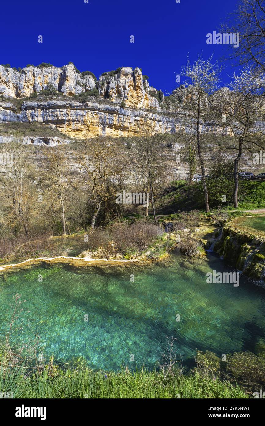 Paesaggio carsico, punto di interesse geologico, Parco naturale Hoces del alto Ebro y Rudron, Orbaneja del Castillo, Villaggio medievale, Comarca del Param Foto Stock