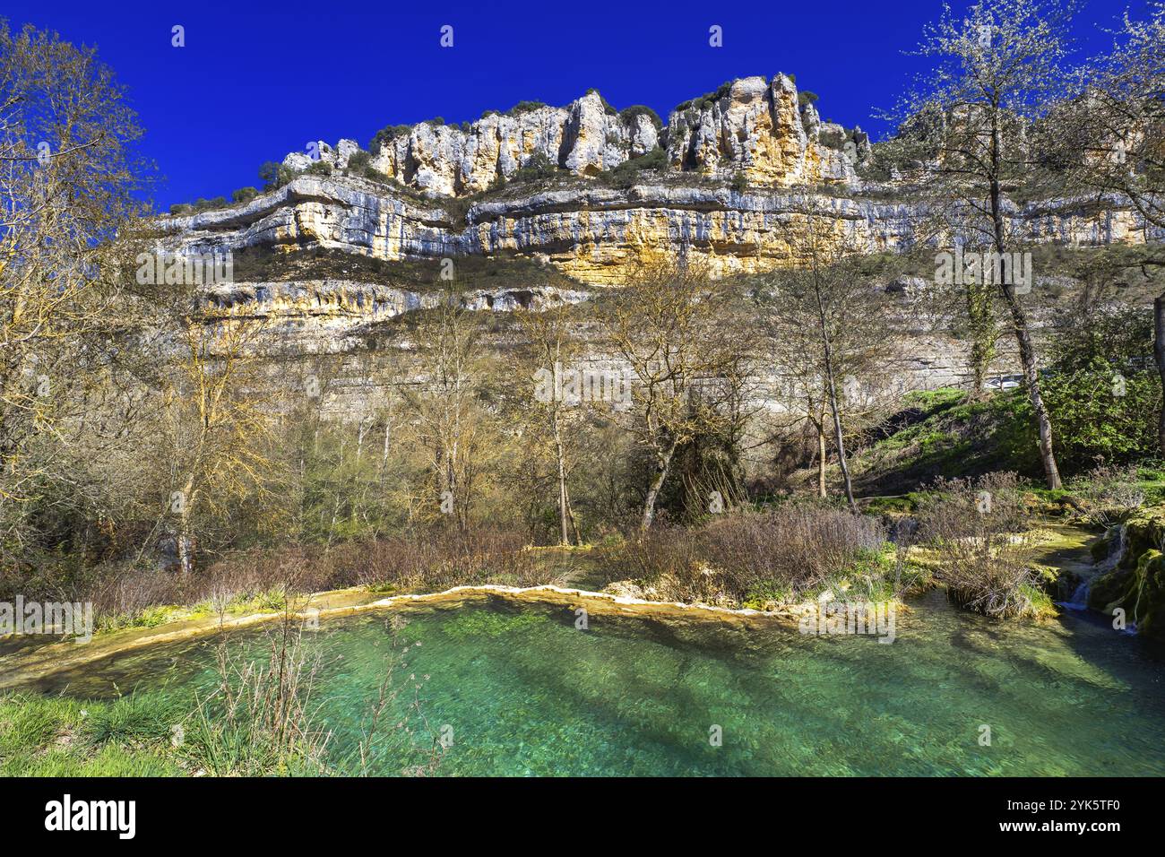 Paesaggio carsico, punto di interesse geologico, Parco naturale Hoces del alto Ebro y Rudron, Orbaneja del Castillo, Villaggio medievale, Comarca del Param Foto Stock