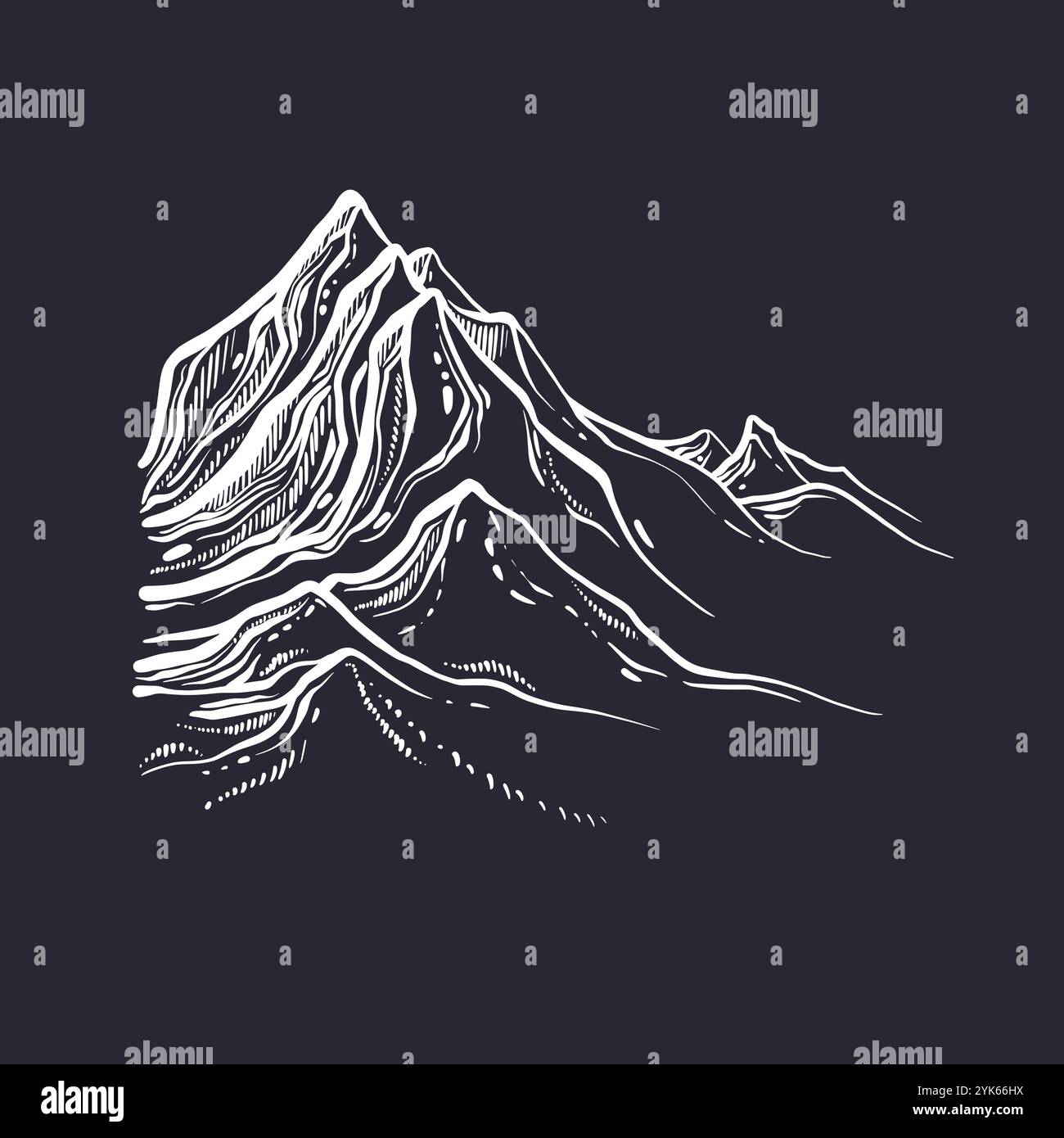 Cime ghiacciate di montagna. Schizzo vettoriale in stile incisione. Sfondo disegnato a mano. Paesaggio grafico. Avventura, sport invernali, escursioni e turismo illustrati Illustrazione Vettoriale