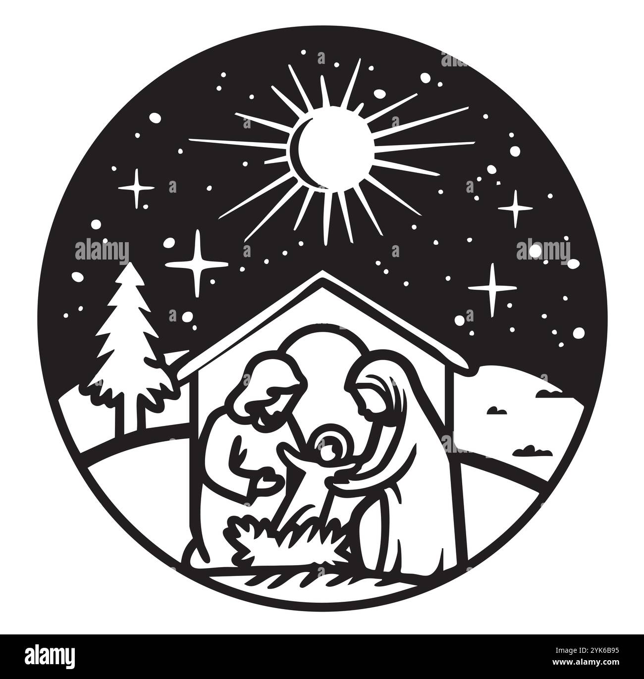 La storia di Natale. Maria, Giuseppe e il bambino Gesù, figlio di Dio , simbolo del cristianesimo, illustrazione vettoriale disegnata a mano in stile doodle Illustrazione Vettoriale