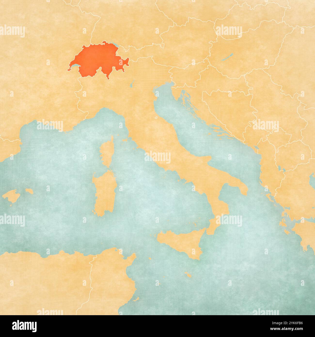 La Svizzera sulla mappa della penisola italiana in morbido grunge e stile vintage, come la carta vecchia con pittura ad acquerello. Foto Stock