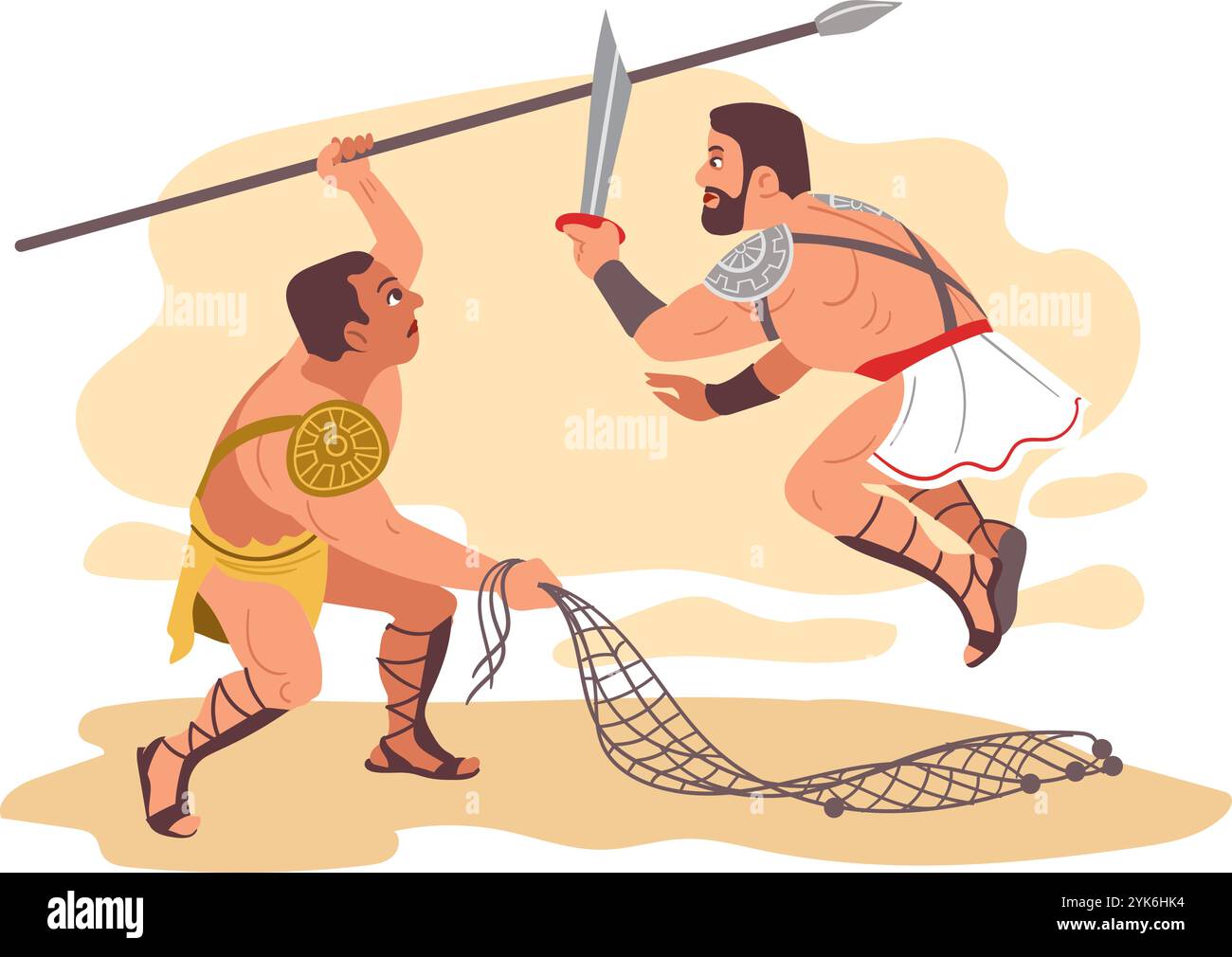 I gladiatori combattono le scene. Antichi guerrieri romani. Persone in armatura. Legionari muscolari sul campo di battaglia. Battaglie di guerra al Colosseo. Soldati che attaccano e.. Illustrazione Vettoriale