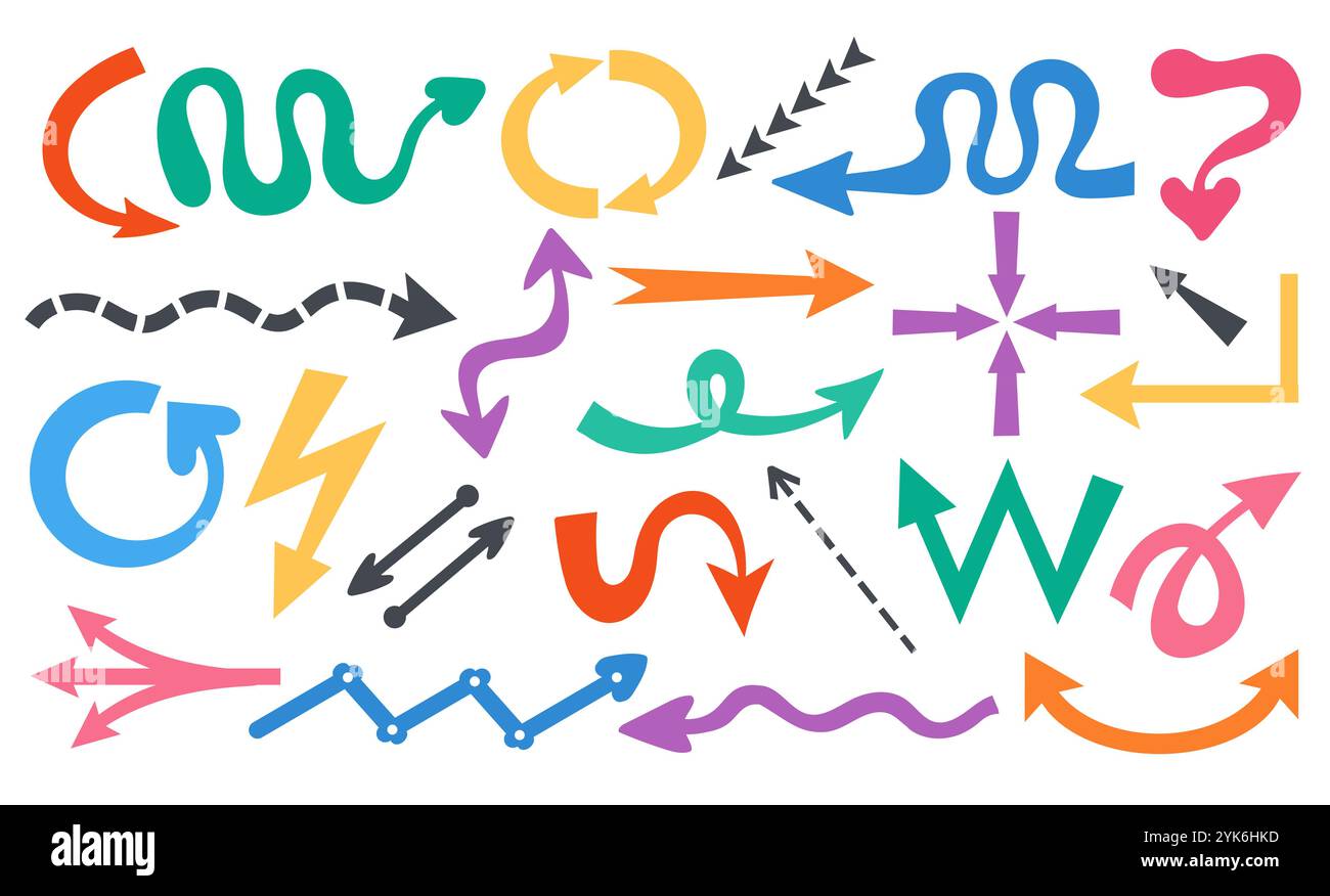 Frecce divertenti. Puntatori di forme stravaganti. Cursori vivaci e divertenti. Direzione attorcigliata. Linee curve ondulate e tratteggiate. Elementi colorati disegnati a mano. Navigazione SER Illustrazione Vettoriale