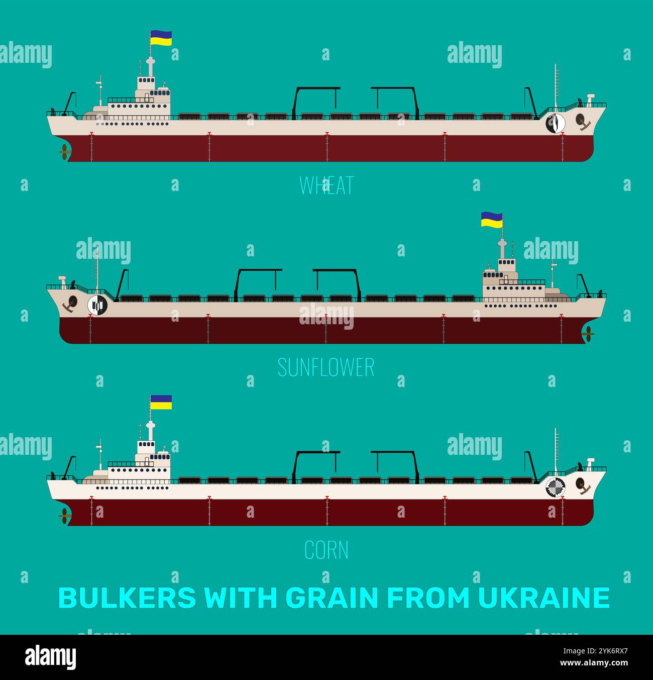 Set di illustrazioni di portarinfuse ucraine con cereali, mais, girasole, grano su sfondo blu. Le navi portarinfuse recano una bandiera giallo-blu. Illustrazione Vettoriale