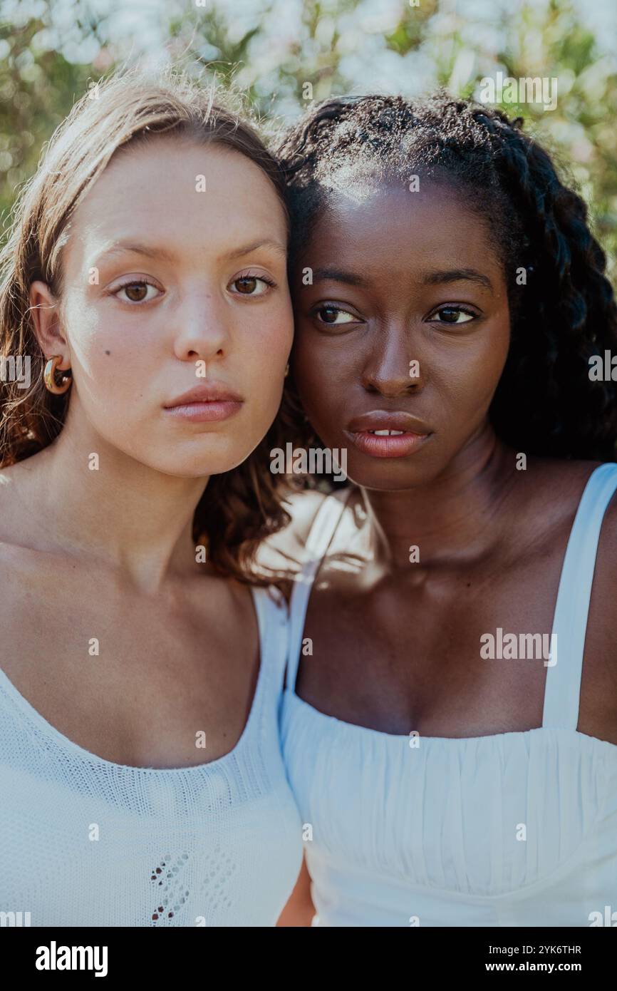 Due donne sono in piedi l'una accanto all'altra, una con una canotta bianca e l'altra con una canotta nera Foto Stock