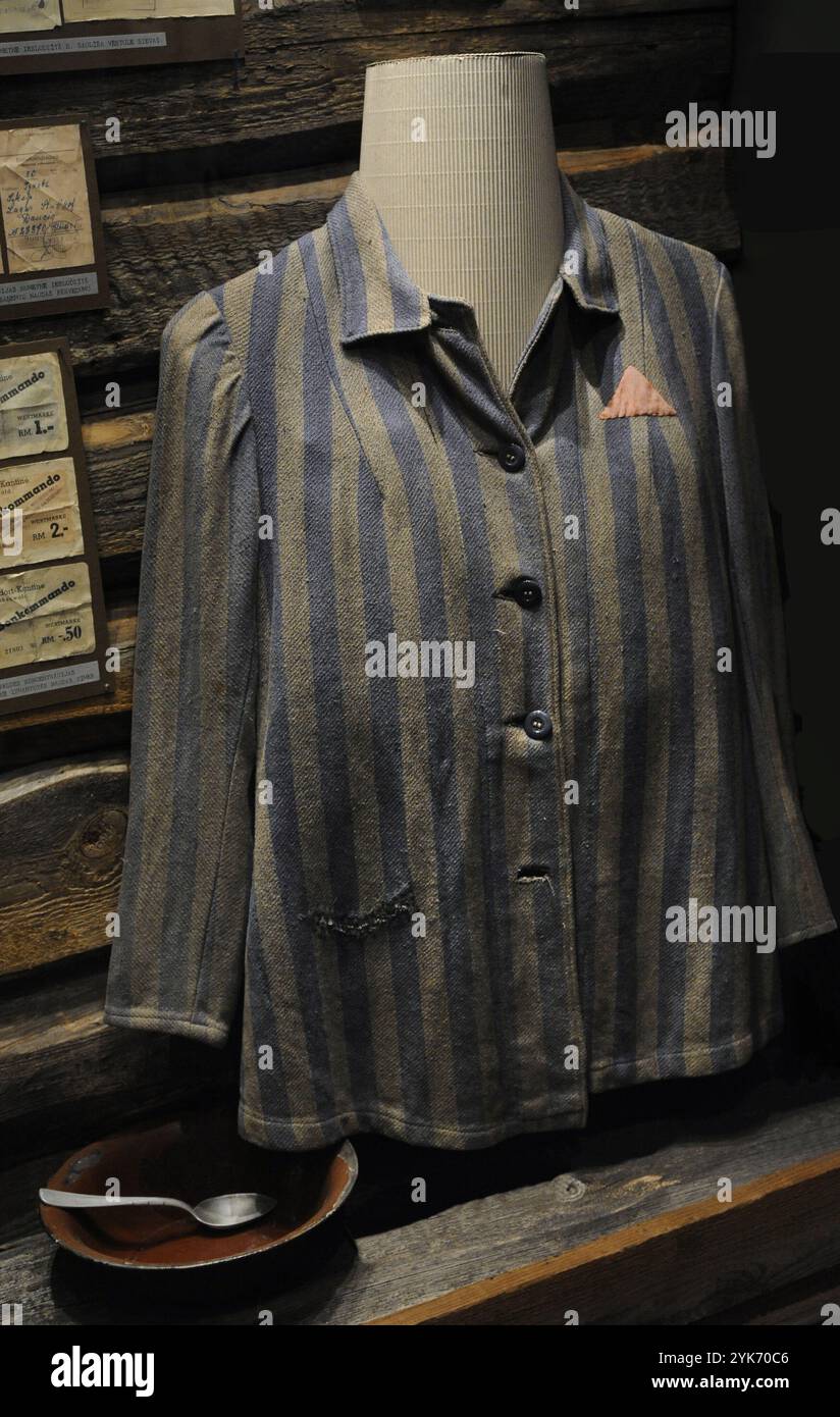 Seconda guerra mondiale (1939-1945). Campo di concentramento nazista di Stutthof (Sztutowo, Polonia), il primo campo di concentramento costruito dal regime nazista al di fuori della Germania. Effetti personali del prigioniero K. Vike: Una giacca e un cucchiaio. La giacca era cucita con un triangolo rosso, non invertito, fatto di stoffa. Questo distintivo significava che il prigioniero era un prigioniero militare. Museo della guerra lettone. Riga. Lettonia. Foto Stock