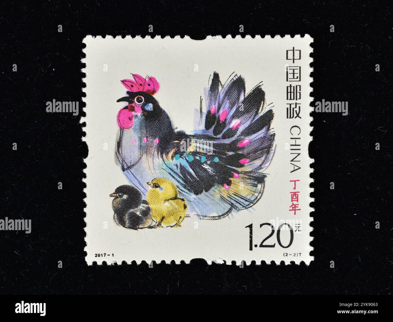 Cina - circa 2017: un timbro stampato in Cina Pechino mostra 2017-1 lunar zodiac Anno Nuovo Dingyou rooster,design da Han Meilin, circa 2017. Foto Stock
