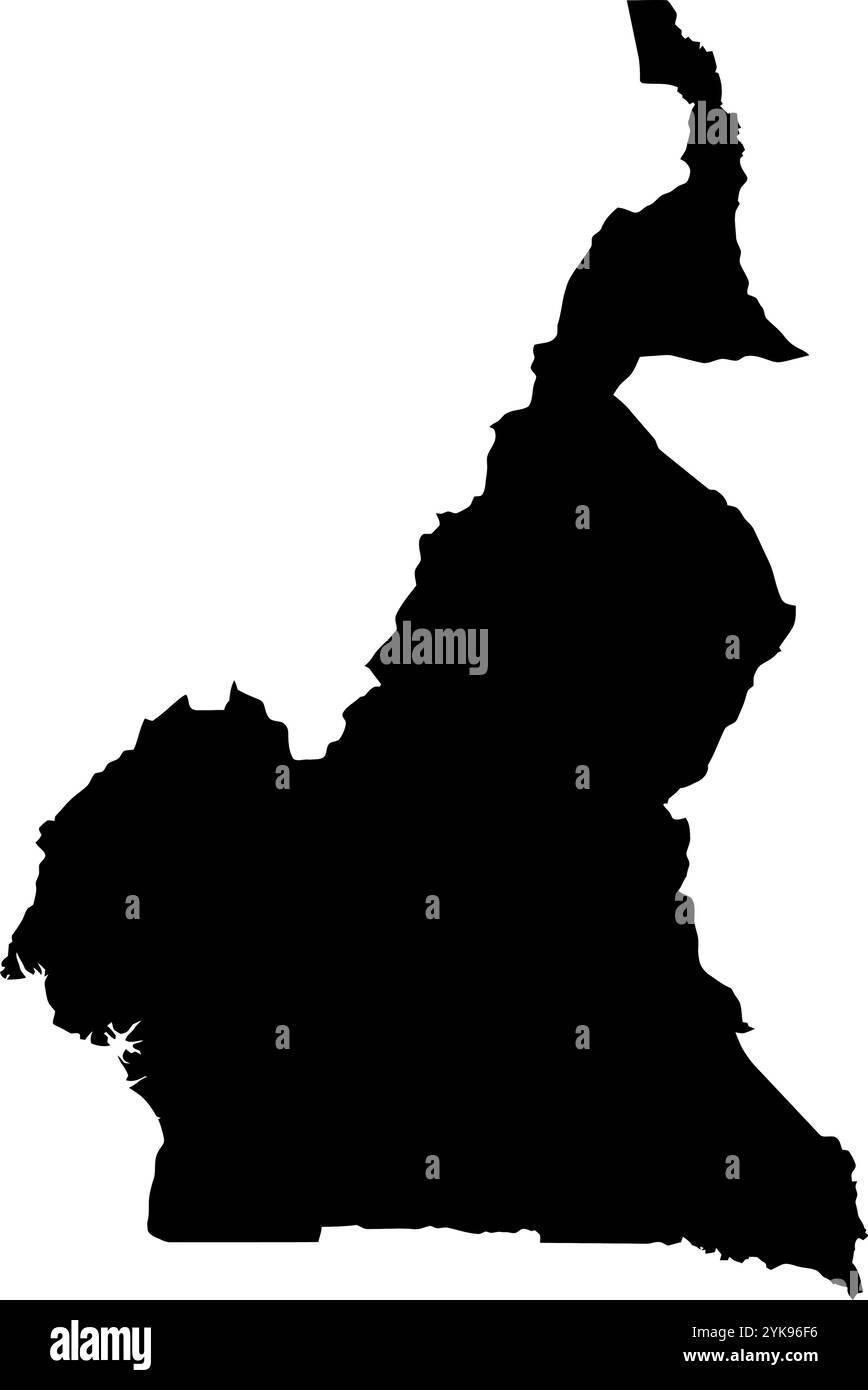 Una mappa di contorno del Camerun. Illustrazione grafica vettoriale su uno sfondo trasparente con bordi neri del paese Illustrazione Vettoriale