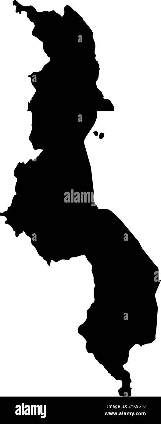 Una mappa dei contorni del Malawi. Illustrazione grafica vettoriale su uno sfondo trasparente con bordi neri del paese Illustrazione Vettoriale