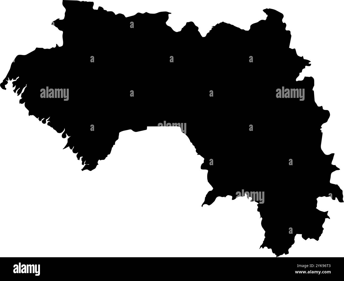Una mappa dei contorni della Guinea. Illustrazione grafica vettoriale su uno sfondo trasparente con bordi neri del paese Illustrazione Vettoriale