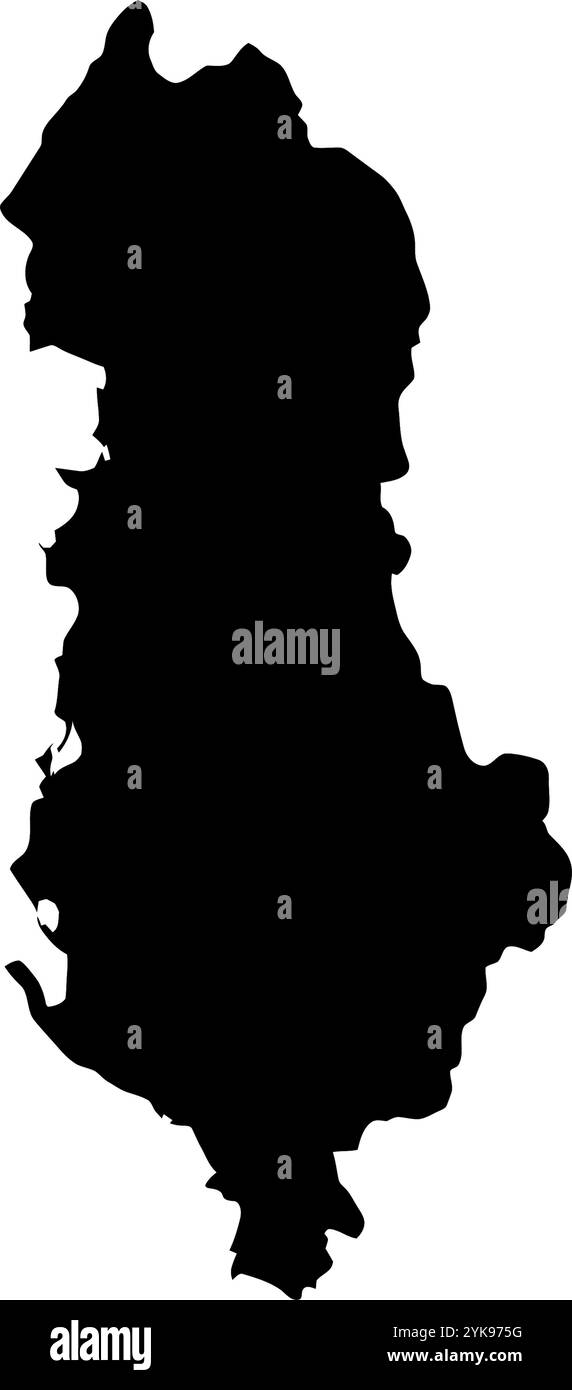 Una mappa dei contorni dell'Albania. Illustrazione grafica vettoriale su uno sfondo trasparente con bordi neri del paese Illustrazione Vettoriale