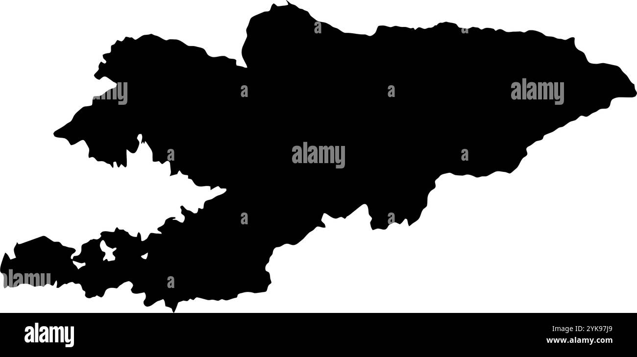 Una mappa dei contorni del Kirghistan. Illustrazione grafica vettoriale su uno sfondo trasparente con bordi neri del paese Illustrazione Vettoriale