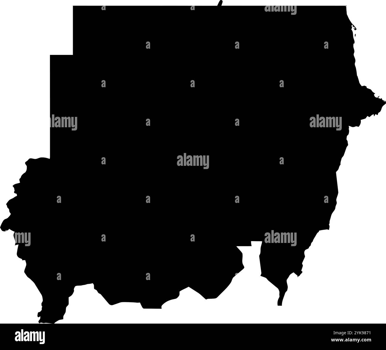 Una mappa di contorno del Sudan. Illustrazione grafica vettoriale su uno sfondo trasparente con bordi neri del paese Illustrazione Vettoriale