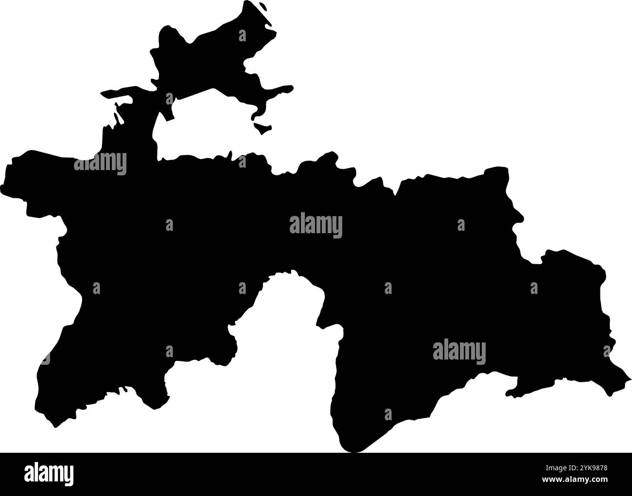 Una mappa di contorno del Tagikistan. Illustrazione grafica vettoriale su uno sfondo trasparente con bordi neri del paese Illustrazione Vettoriale