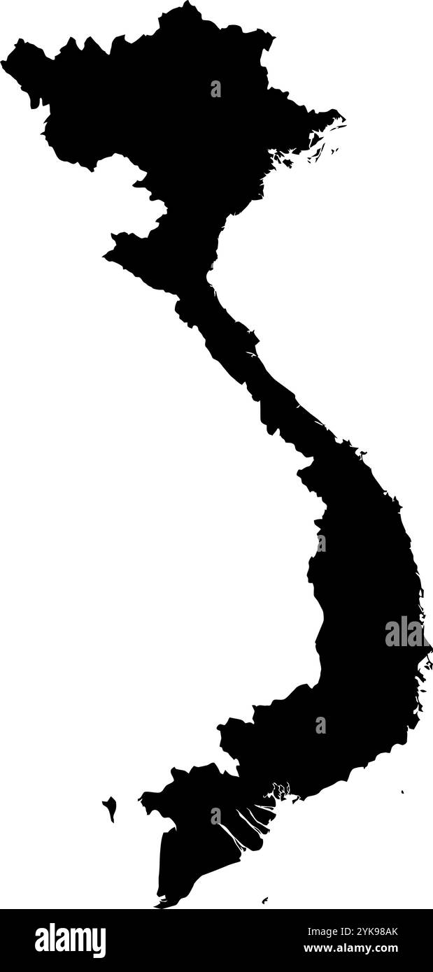 Una mappa di contorno del Vietnam. Illustrazione grafica vettoriale su uno sfondo trasparente con bordi neri del paese Illustrazione Vettoriale