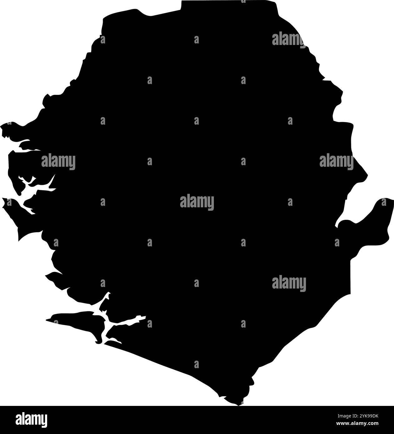 Una mappa dei contorni della Sierra Leone. Illustrazione grafica vettoriale su uno sfondo trasparente con bordi neri del paese Illustrazione Vettoriale