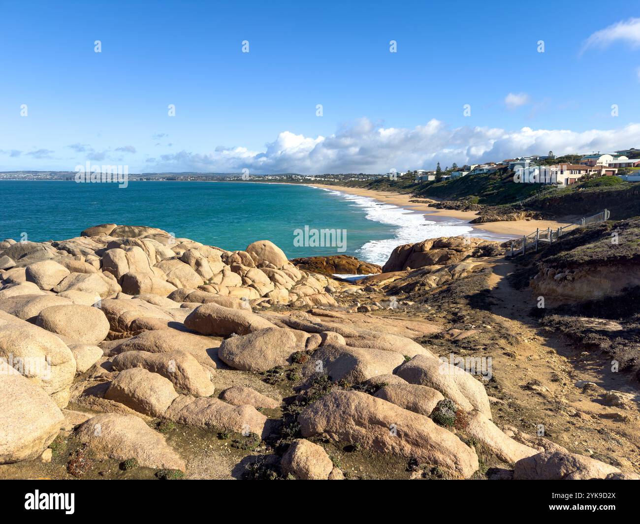 Vista panoramica verso Boomer Beach a Port Elliot sulla penisola di Fleurieu, Australia meridionale Foto Stock