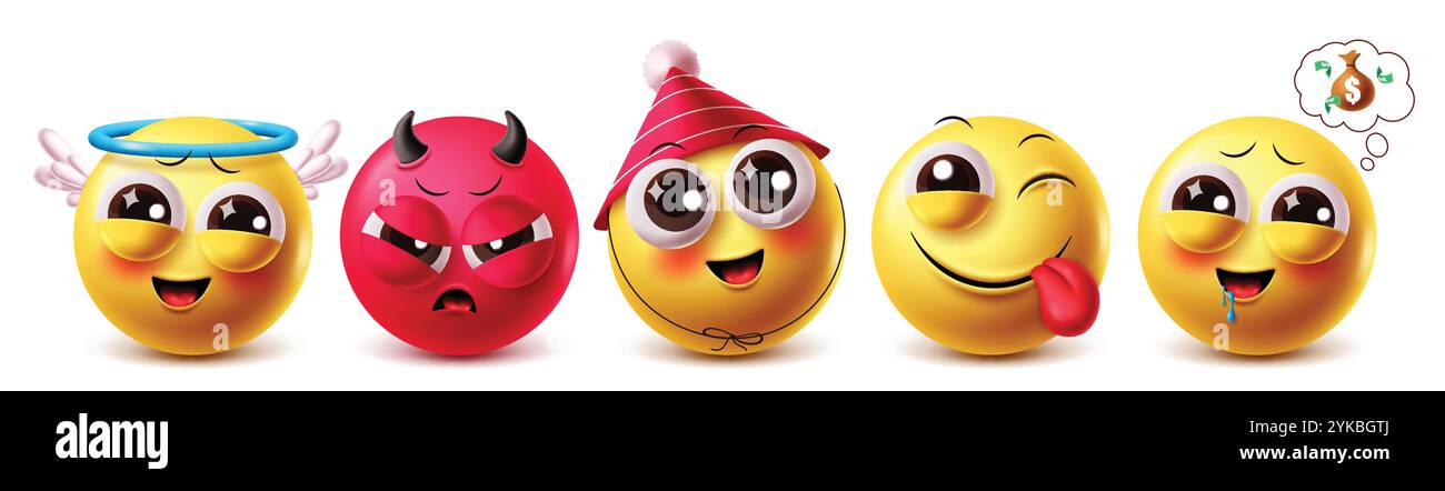 Set di caratteri vettoriali Angel emoji. Emoji angelo e personaggio malvagio con espressione facciale gialla clipart 3d come amichevole, arrabbiato, carino, occhiolino. Illustrazione Vettoriale