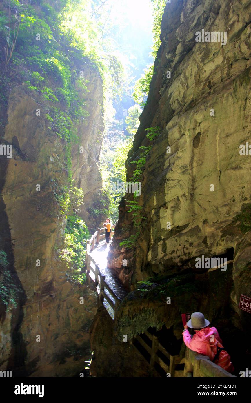 I turisti visitano il punto panoramico della fessura della gola di Longshui, conosciuto come il "Natural Oxygen Bar of China", a Chongqing, Cina, il 10 novembre 2024. Foto Stock