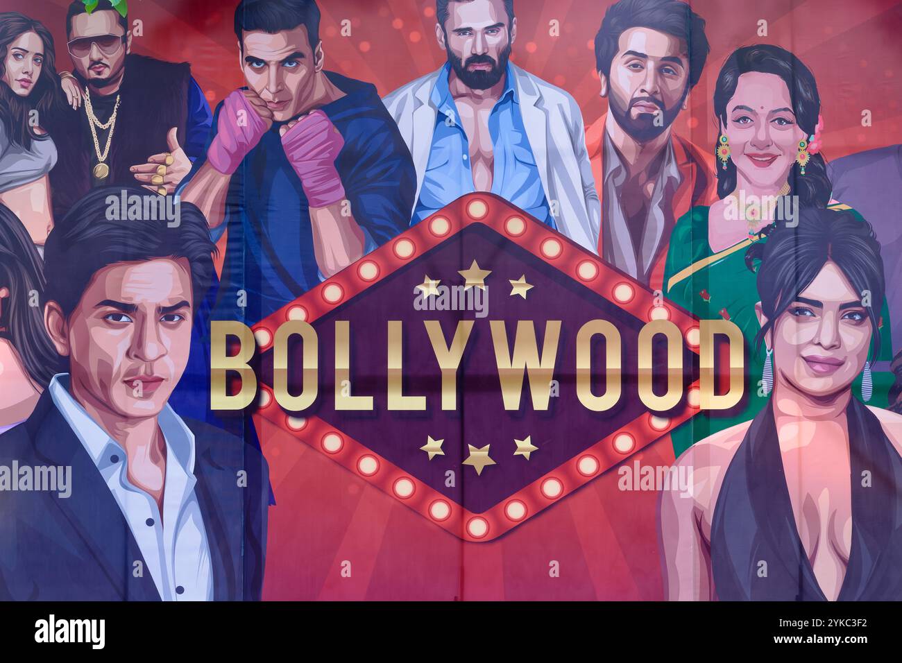Un poster che celebra Bollywood, l'industria cinematografica in lingua hindi di Mumbai (Bombay), con alcune delle sue principali star, come Shah Rukh Khan (in basso) Foto Stock